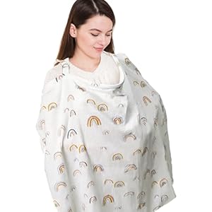 Zainpe Muslin Nursing Cotton Cover for Baby Breastfeeding Rainbow Pattern Breathable Adjustable Mom Privacy Nursing Apron Cover with Arch Neckline Multifunctional Stroller Cover Carseat Cover
