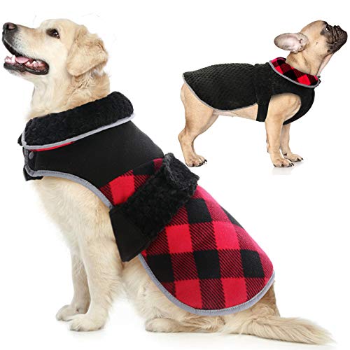 IDOMIK Reversible Dog Vest, Fleece Dog Winter Jacket For Small Medium Large Breeds, Warm Plaid Coat With Harness Hole For Girl Boy Dog, Cozy Pet Cold Weather Clothes, Puppy Autumn Apparel Furry Collar