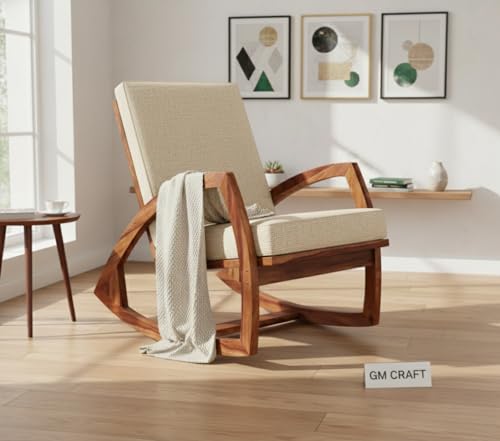 Image of Solid Sheesham Wood Rocking Chair for Living Room - Upholstered Relaxing Chair - Wooden Rocking Chair for Adults for Home Outdoor Indoor (Honey, Cade)