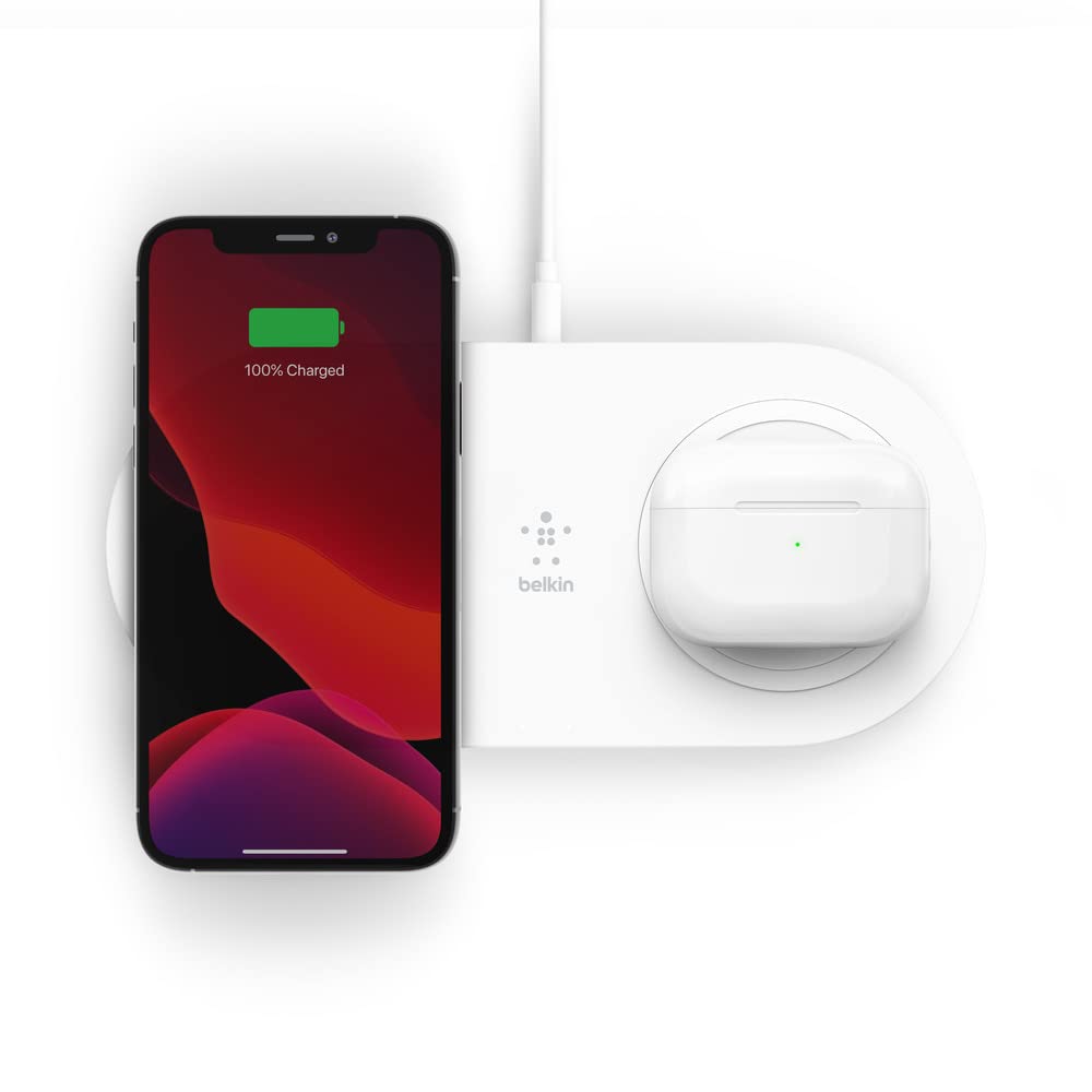 Belkin Podwójna bezprzewodowa ładowarka (Podwójna bezprzewodowa podkładka ładująca 15 W) Szybkie ładowanie 2 urządzeń jednocześnie, w tym iPhone’a, słuchawek AirPods, Galaxy, Pixel i innych – biała
