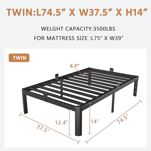 Image of Twin Size Bed Frames 14 Inch, Metal Twin Bed Frame No Box Spring Needed, DIY Headboard Holes, Heavy Duty Steel Support 3500 LBS, Noiseless, Round Corner Leg, Storage Space, Easy Assembly, Black