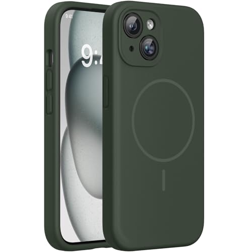 Image of Miracase Magnetic for iPhone 15 Plus Case, [Soft Anti-Scratch Microfiber Lining], Compatible with MagSafe, Liquid Silicone Shockproof Drop Protection Phone Case for 15 Plus, Dark Green