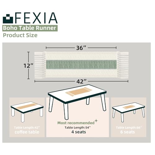 Image of FEXIA Sage Green Table Runner 36 Inches Long with Tassels Boho for Summer Home Decor Rustic Macrame Farmhouse Table Cover for Wedding Party Bohemian Bridal Shower Dining Decorations(12x36 Inches)