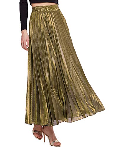 KENANCY Women's Metallic Shiny Accordion Pleated Long Maxi Party Skirt