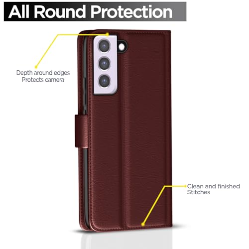 Image of Amazon Basics Flip Cover for Samsung Galaxy S21 FE 5G Leather Finish | Wallet Stand and Shock Proof | Inside TPU with Card Pockets | Complete Protection Flip Case (Brown)