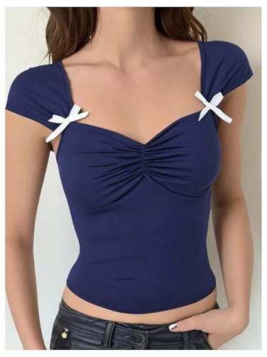 SweatyRocks Girl's Bow Ruched Cap Sleeve T Shirts Sweetheart Neck Slim Fit Cute Summer Top3