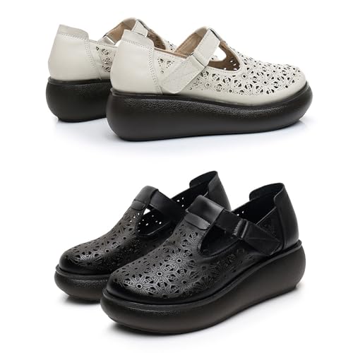 Image of Women's Leather Hollow Platform Rocking Walking Orthopedic Loafers with Adjustable Hook and Loop Comfort Round Toe Breathable Soft Non-Slip Bottom Chunky Wedge Heel Slip-On Casual Sneakers