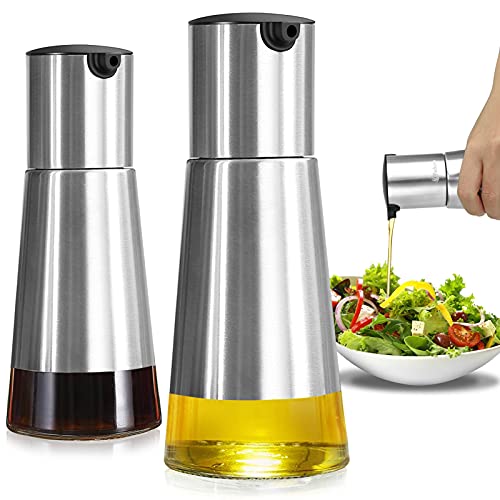 Olive Oil Bottle Dispenser Set, Vakoo 2 Pack Oil Dispenser Cruet Set, Stainless Steel Olive Oil Dispenser with Elegant Glass Bottle and Drip Free Design
