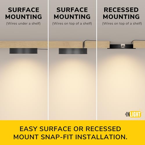 Image of GETINLIGHT 2.75-Inch LED Puck Light Kit, 3-Pack, Plug-in, 3000K, Black | Warm white light, 12V plug-in kit with in-line dimmer, recessed /surface mount. Model: IN-0102-3-BK