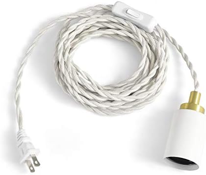 BRIGHTTIA Plug-in Simple Top Hanging Swag Pendant Light - Matte White/Brushed Gold - Industrial Modern Minimalist Exposed Bulb Lighting for Apartments and Dorms - 15Ft Fabric Cord (BP0005-1WGP)