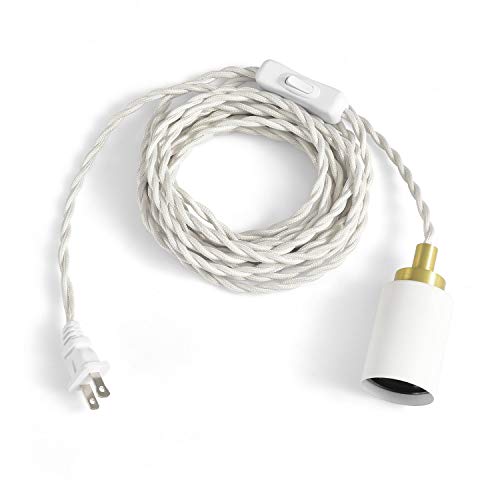 Brighttia Plug-In Simple Top Hanging Swag Pendant Light - Matte White/Brushed Gold - Industrial Modern Minimalist Exposed Bulb Lighting For Apartments And Dorms - 15Ft Fabric Cord (Bp0005-1Wgp) #TOP1
