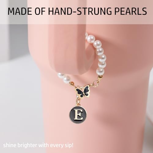 Image of Letter Charm for Stanley Cup,Pearl Chain Accessories Stanley Cup Initial Charms for Handle Stuff Decor Water Bottle Jewelry Tumbler Cute Personalized Name ID Decorations Black Tag (E)