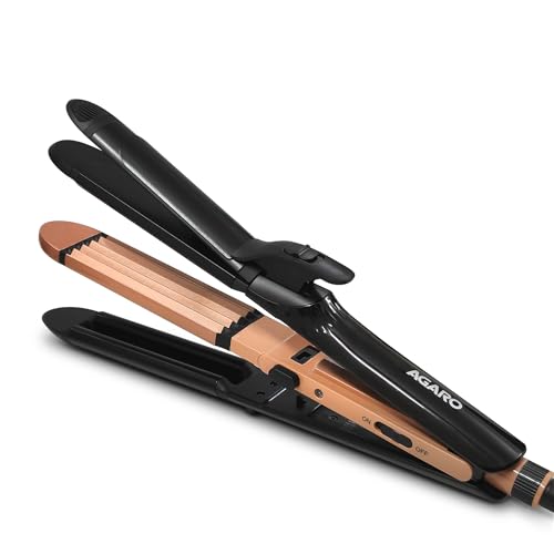 AGARO 4 in1 hair Straightener,Wavy Hair, Crimper, Curler, Hair Styler, Keratin Infused Ceramic Coated Plate, Variable Style Settings, Hair Styling, Black & Rose Gold, HS1719