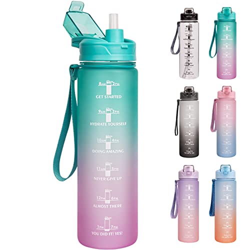DEARRAY 1 Liter Motivierende Trinkflasche mit Strohhalm & Zeitmarkierung, Wasserflasche 1L für Fahrrad, Schule, Sport Flasche (Grün / Rot) Cover