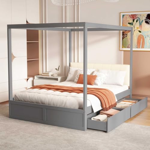 YEHTOKHOME Lit à baldaquin 140x200cm,lit Multifonctionnel avec Deux tiroirs,lit en Bois avec Dossier rembourré,lit Double avec sommier à Lattes(sans...