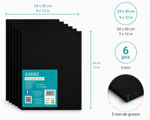 Miniatura 2 de Exerz 24x30cm Paneles De Lienzo Negro 6 Piezas - 0,3 Cm De Espesor 280gsm Lienzos 100 Algodón Triple Preparado Libre De Acido Hebra Media - Acrílicos Óleo