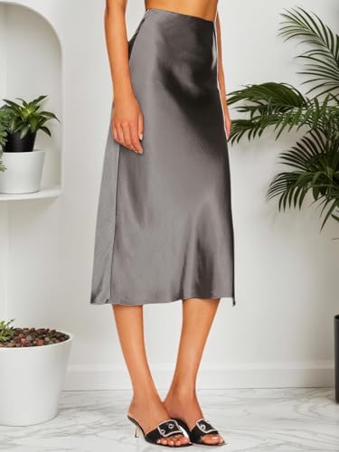 Image of Amy Babe Womens Satin Silk High Waist Slit Midi Skirt Long Skirts for Women | Elastic Waistband, Side Split, Midi Length, Below the Knee, Silky Fabric, Elegant, Fall Winter Outfits