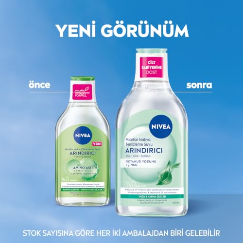 NIVEA Démaquillant micellar et matifiant 400 ml, nettoyant pour le visage, les yeux et les lèvres, complexe d'acides aminés et extrait d'algues océaniques