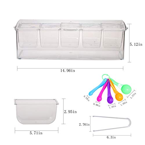 Mortime Ice Chilled Condiment Server With 5 Removable Compartments, Clear Sauce Caddy Serving Tray Container With Lid, Set Of 5 Serving Spoons & 3 Tongs Included #TOP5