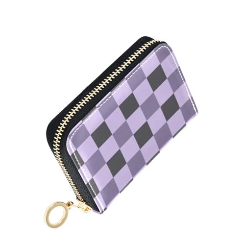 Women's Purple Checkerboard Credit Card Holder Wallet Leather Zipper Card Case for Ladies Girls 2300986