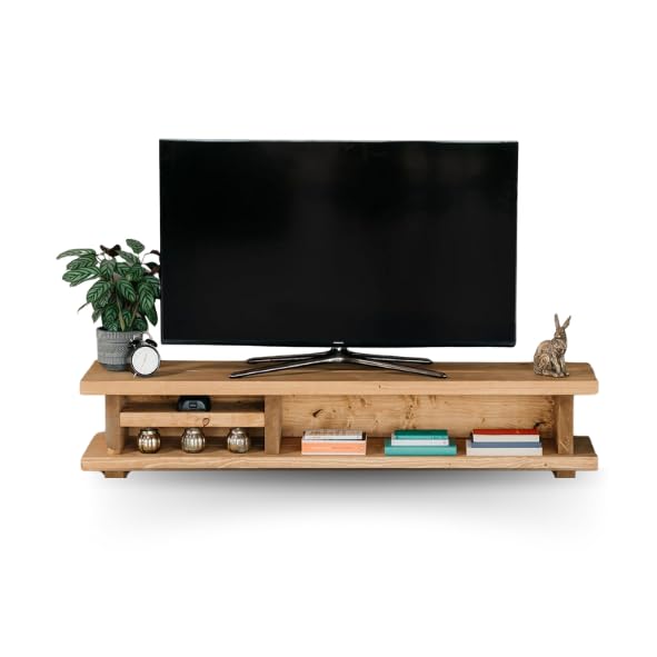 BLU CoastCanada Solid Wood Tv Unit with Open Shelving, Low Natural Wood Rustic Media Cabinet, Storage for Sound Bars, Gaming Consoles and Home Electronics 120lx40Dx33H – Dark Oak