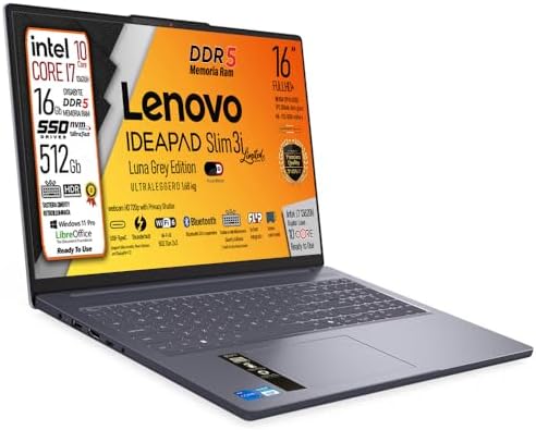 Lenovo, pc portatile Notebook, Intel i7 13620H 10 Core, DDR5 16Gb, Display WUXGA 16" IPS FHD+, SSD 512Gb, Wi-Fi 6, Bt, USB-C Display port, Tastiera retroilluminata, Win11 Pro, Pronto all'Uso