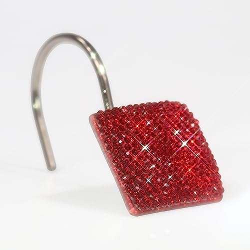 Glitter Shower Curtain Hooks: Bling Sparkle Shiny Crystal Diamond Decorative Rings for Christmas & Holidays - Luxury Fancy Glam Hangers (Red)