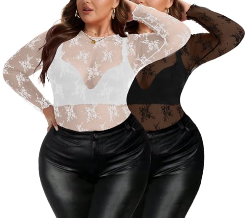 AYIFU Womens Lace Mesh Top Sheer Plus Size See Through Floral Long Sleeve Mock Neck Blouse Tops (White/Black 2-Pack 3XL)