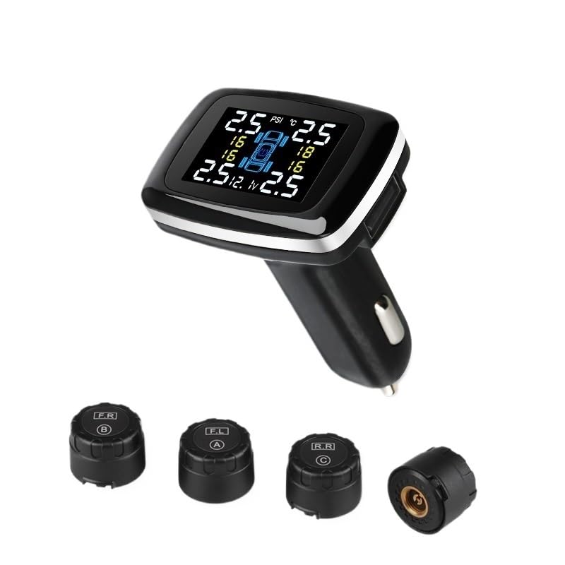Tpms Sistema di monitoraggio della pressione dei pneumatici for auto, accendisigari con porta USB, allarme di sicurezza automatico, quattro sensori esterni Pressione Pneumatici(External sensor)