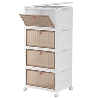 4 Tier Stackable Storage Bins with Lids, 23Qt Plastic Storage Containers with Magnetic Doors & Wheels, Collapsible Storage Bins Closet Organizers, Foldable Organization for Home, Party, Office, Dorm