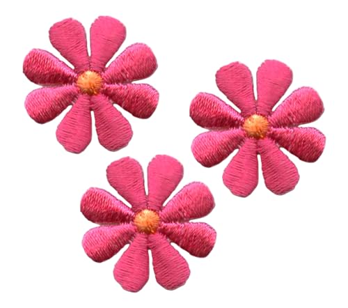 Daisy, Flower, Embroidered, Iron on Patch (1-1/2" Hot Pink, 3 Pieces)