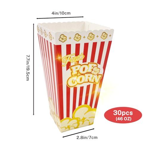 Image of SNAIL GARDEN 30Pcs 46oz Large Popcorn Boxes for Movie Night with Gold Border, Hollywood Birthday Party - Disposable Red /White Stripes Snack Containers, Durable Food Boxes