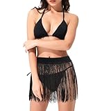 phnydreg Women Fringe Trim Skirts Beach Tassel High Waisted Skirts Cover Up Mini Skirts Black (US, Alpha, Small, Regular, Regular, Black)
