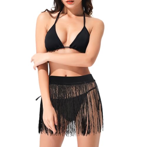 Women Fringe Trim Skirts Beach Tassel High Waisted Skirts Cover Up Mini Skirts Black