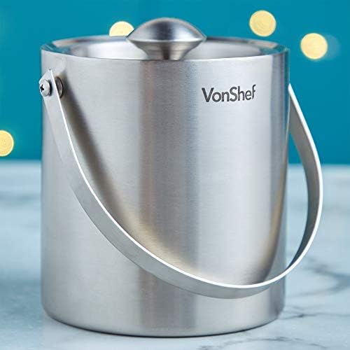 VonShef Ice Bucket with Lid & Tongs, 2L Double Wall Insulated Ice Cube Holder with Carry Handle, 2 Litre Double Walled Stainless Steel Ice Carrier