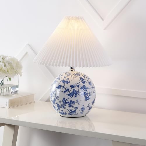 Image of JONATHAN Y 19.5 inch White /Blue Shishen Chinoiserie Ceramic Table Lamp, Traditional Hand-Painted Floral Cottage Lamp with White Pleated Linen Shade, LED Bulb Included (JYL5056B)