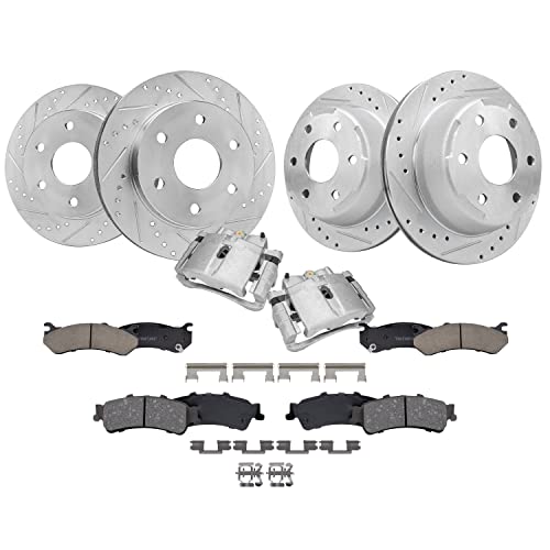 Image of Detroit Axle - Brake Kit for Chevy GMC Silverado Sierra 1500 Tahoe Yukon Astro Safari Drilled Brake Rotors Ceramic Brakes Pads Front Brake Calipers Replacement [12 inch Front & 12.78 inch Rear Rotors]