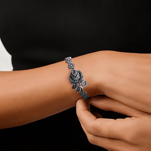 Bracelets for Women, Vintage Black Onxy Chain Link Silver Rose Flower Design Marcasite Bangle Bracelets Jewelry Gift2