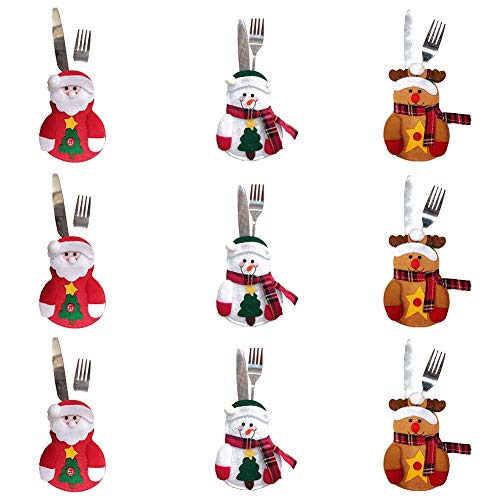 9 PCS Bolsita para cubiertos, tres diseño Papa Noel, Renos, Muñeco de Nieve para Decoración Navidad Cena Mesa