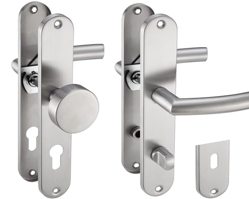 Stahlia Drückergarnitur Langschild Renovierungsgarnitur Edelstahl gebürstet LIA | BB - Buntbart | Türbeschlag Innentüren, Zimmertüren, Eingangstüren für Türstärke 20 – 47 mm | Befestigungsmaterial