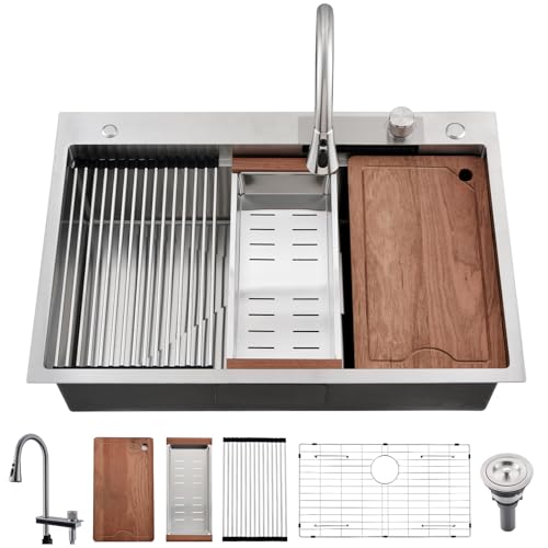 Image of SOMRXO 33x22 Waterfall Kitchen Sink with Faucet Combo - 33x22 Drop In Kitchen Sink and Faucet Combo Set,16 Gauge Stainless Steel Waterfall Sink, 10" Deep Single Bowl Workstation Sinks with Accessories