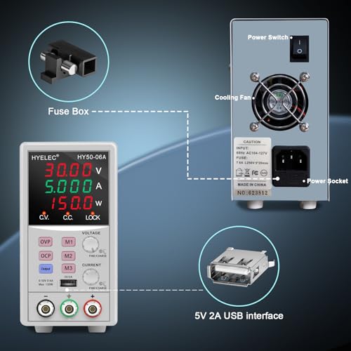 HYELEC Variable DC Power Supply,0-50V 0-6A max150W Switching Regulated Bench Power Supply with Memory, 4-Digit LED Display, 5V2A USB Interface, Output Switch, Coarse and Fine Adjustments - Thumbnail 6