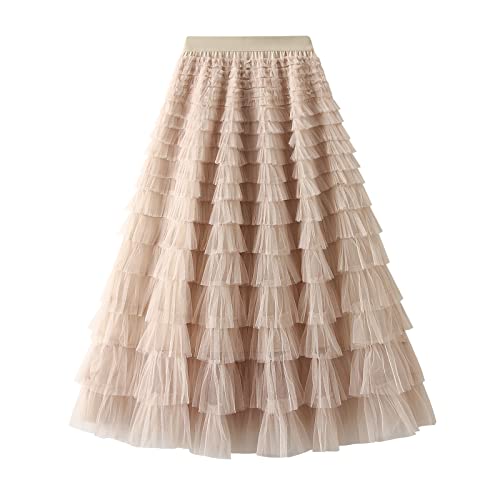 Falda de Tul con Cintura Alta para Mujer Falda de Malla con Capas Midi Falda de Línea A con Cintura Elástica Falda Larga Tutú de Mujer Falda Plisada para Fiesta Club Cita (Albaricoque, Talla Única)