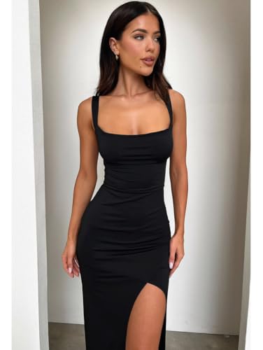 LAGSHIAN Women's Sexy Backless Square Neck Sleeveless Split Hem Tank Tops Evening Long Dresses3