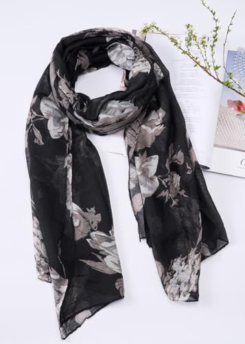 Scarf for Women Lightweight Soft Fashion Black Floral Print Shawl Scarves For Spring Summer2
