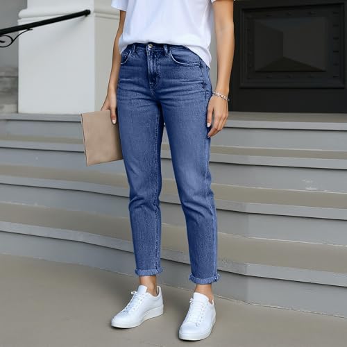 Straight Leg Jeans for Women High Waist Slim Fit Boyfriend Denim Pants Retro Raw Hem Wash Stretch Jeans with Pockets3