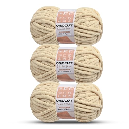 Image of 3 Pack of Beige Chunky Chenille Yarn for Crocheting, Soft Baby Blanket Yarn, Chunky Knit Blanket Crochet Yarn, #7 Super Bulky, 10.6oz /164 yds Fluffy Velvet Amigurumi Yarn
