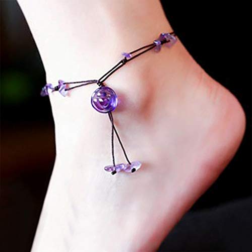 Fashion Handmade Braided Rope Anklet Natural Amethyst Flower Stone Beach Anklet For Women Girls (Purple) #TOP1
