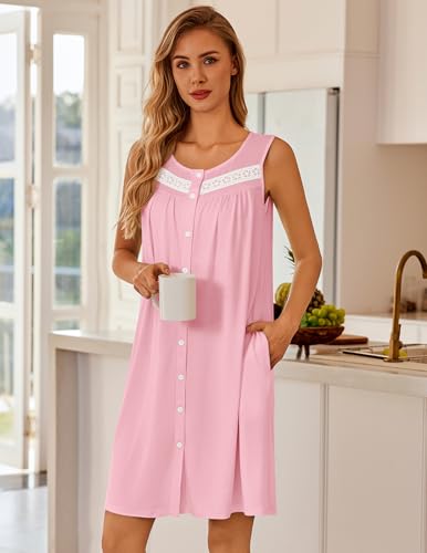 Image of Ekouaer Nightgowns for Women Button Up Sleepshirt Tank Sleeveless Nightshirt Soft Sleepwear with Pockets S-XXXL