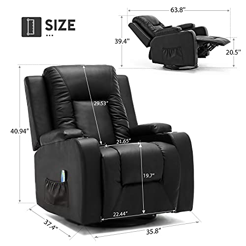 Comhoma Leather Recliner Chair Modern Rocker With Heated Massage Ergonomic Lounge 360 Degree Swivel Single Sofa Seat With Drink Holders Living Room Chair (Black) #TOP4